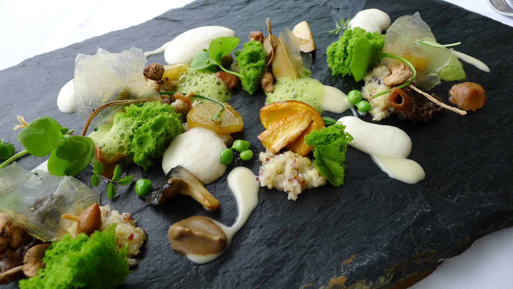 Forrest mushrooms, quinoa risotto, potato, peas, parmesan cream, herbs, parsley sponge 