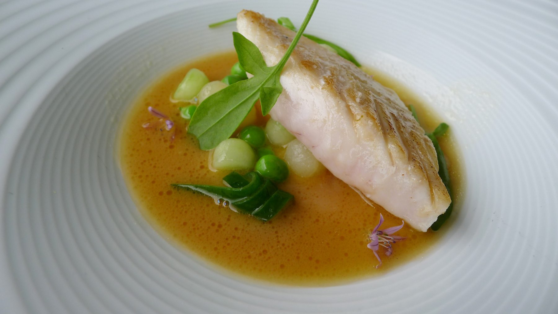 Turbot, cucumber, sorrel, green peas, onion broth 