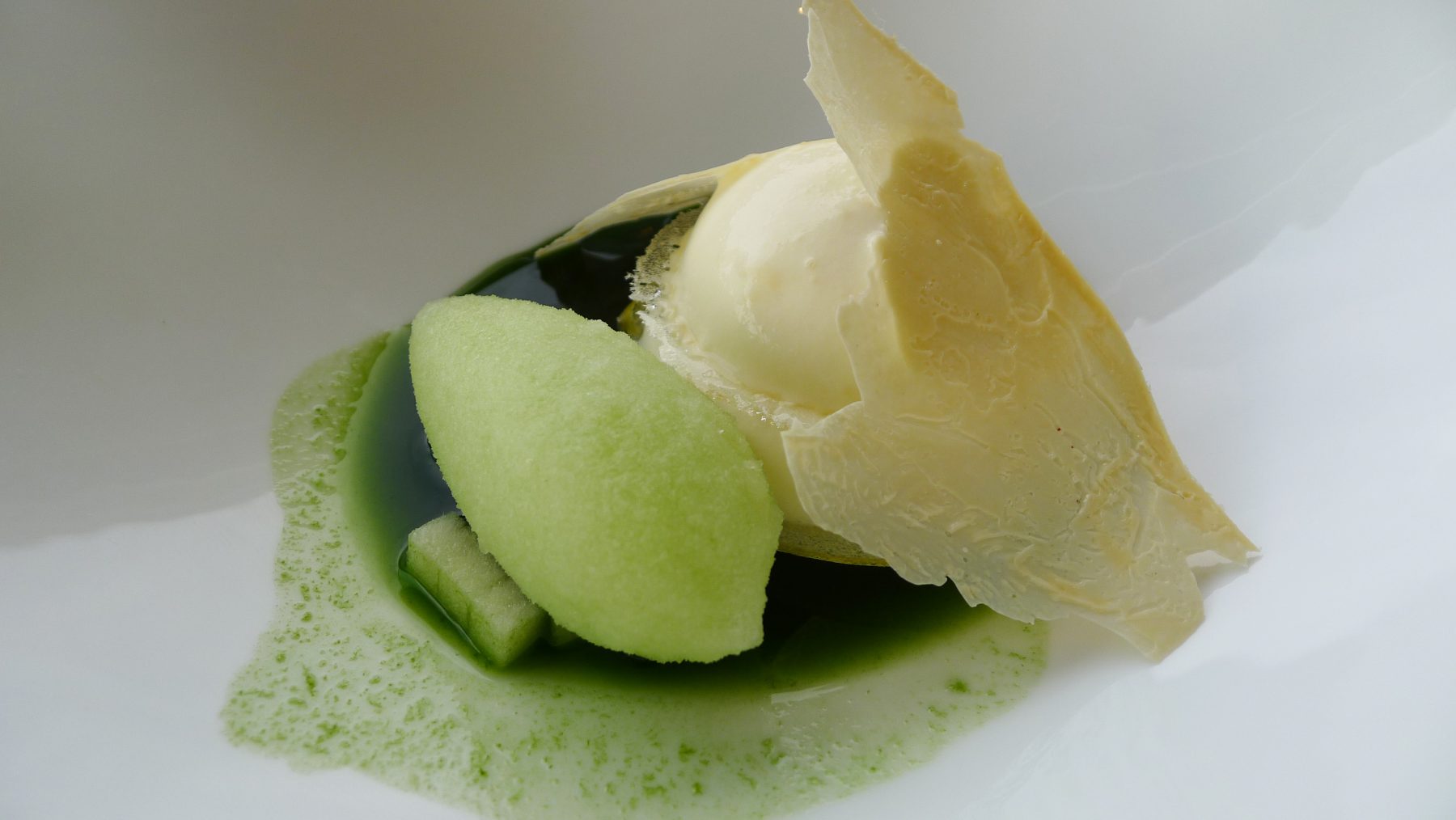 Green apple sorbet, sorrel sauce, milk skin 