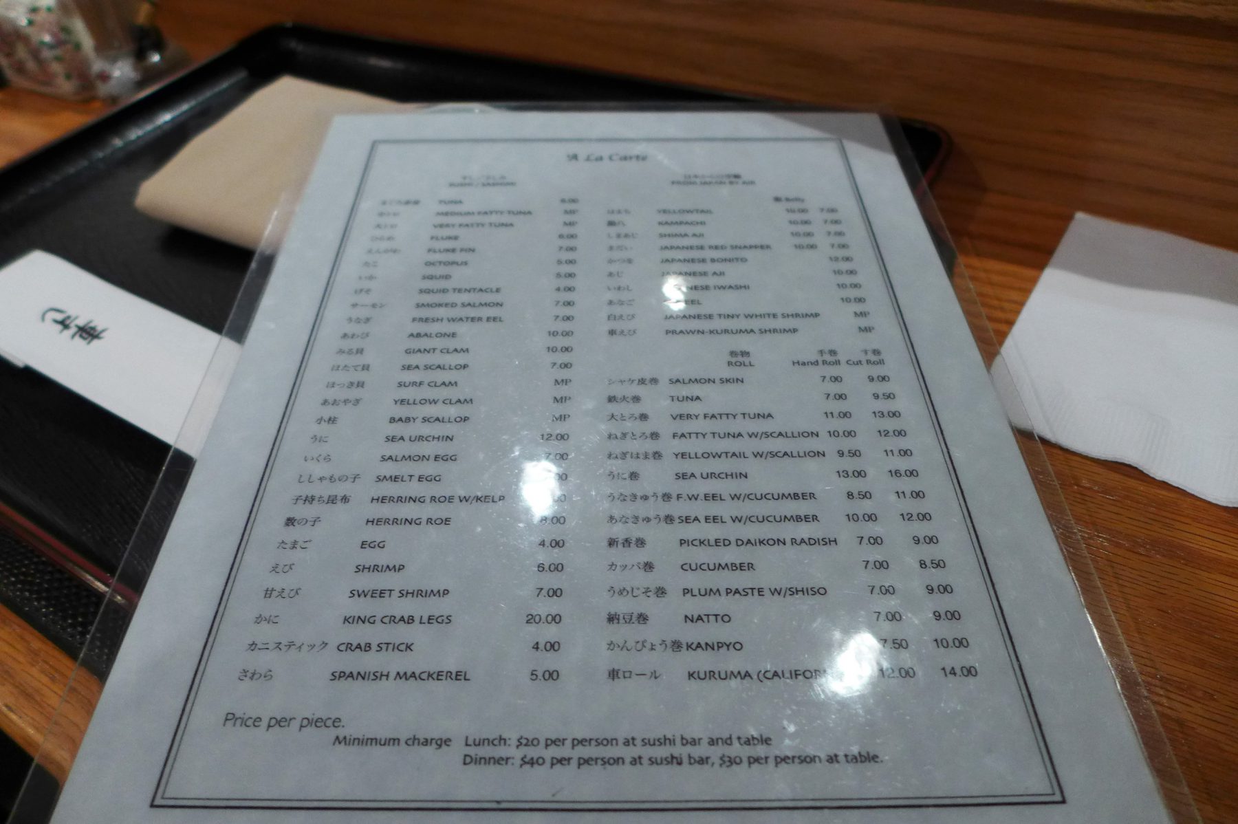 Menu at Kurumazushi