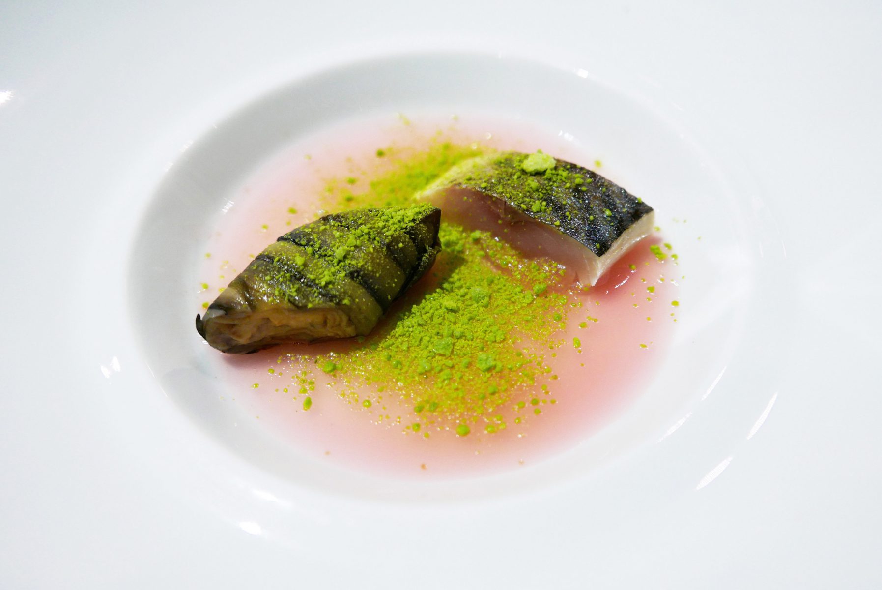 Smoked and grilled eggplant, mackerel, radish jelly and frozen radish leaves powder