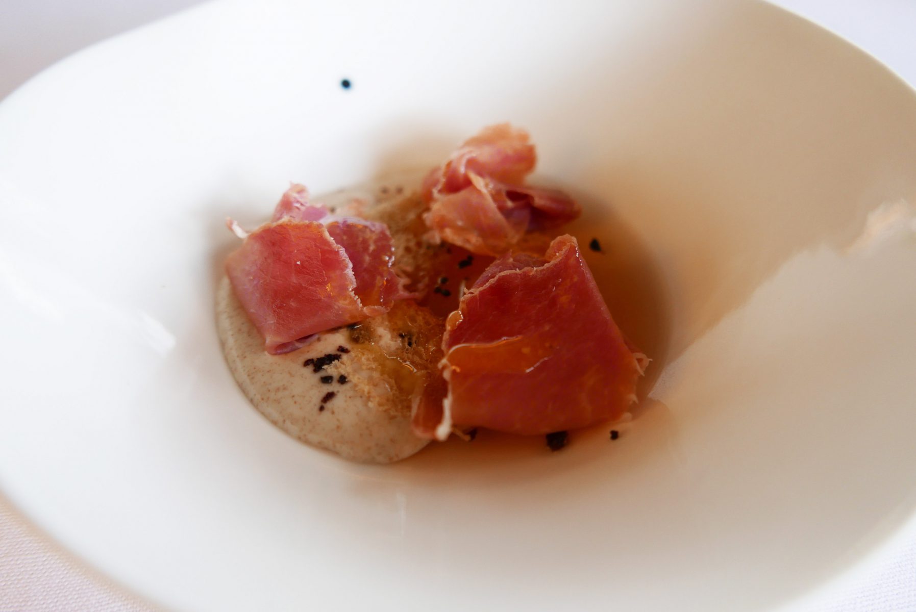 Iberian ham jelly, Iberian ham,rye bread mousse,Kalamata olives