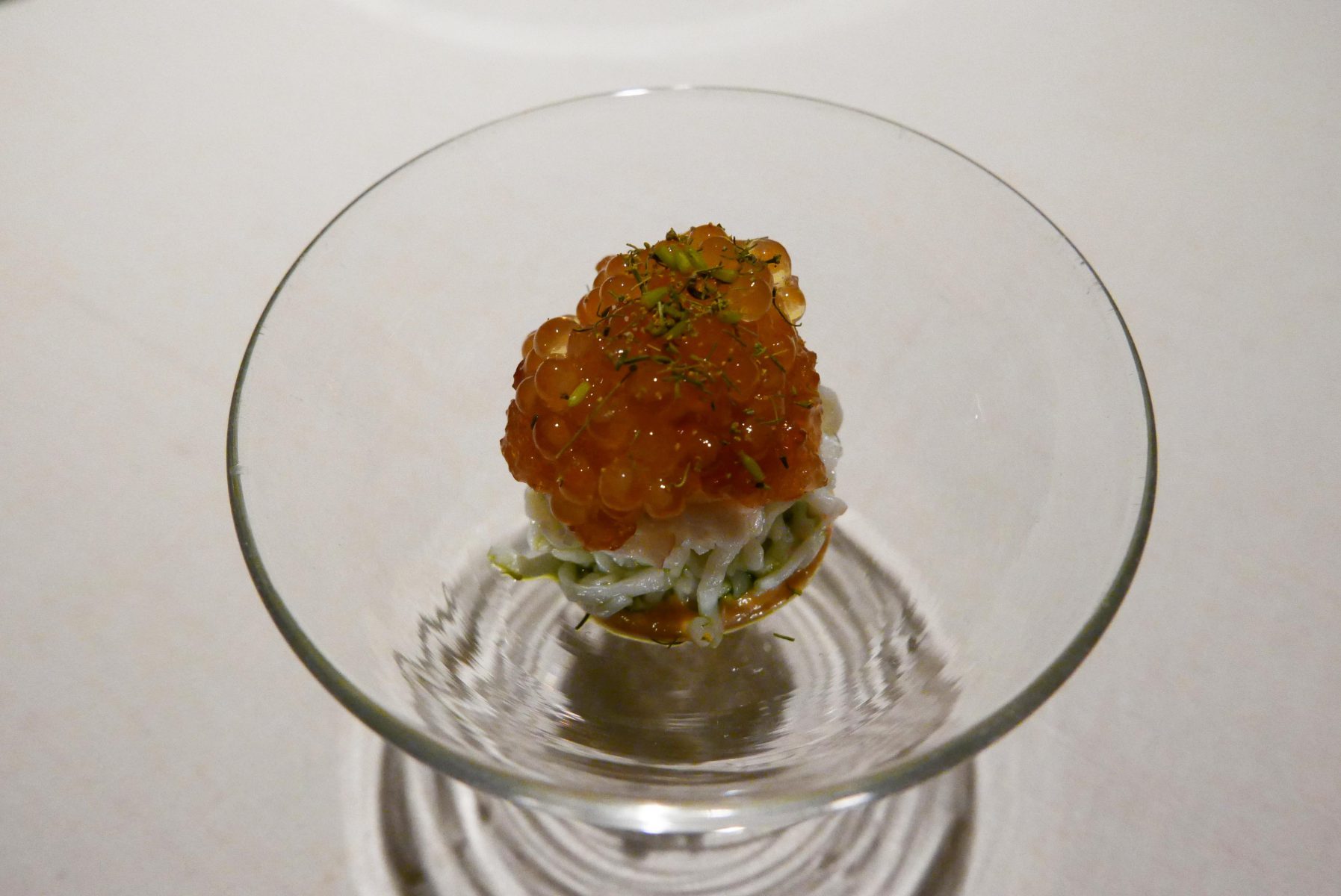 Poached king crab,sproated dill,white beer,aspic and wild trout roe