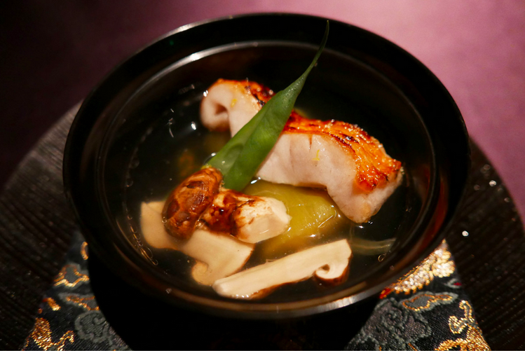 Kinmedai (splendid alfonsino), matsutake and eggplant in dashi stock at Ryugin in Hong Kong, October