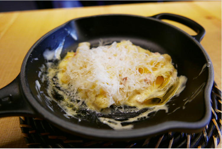 Macaroni carbonara in Disfrutar way at Disfrutar in Barcelona, September