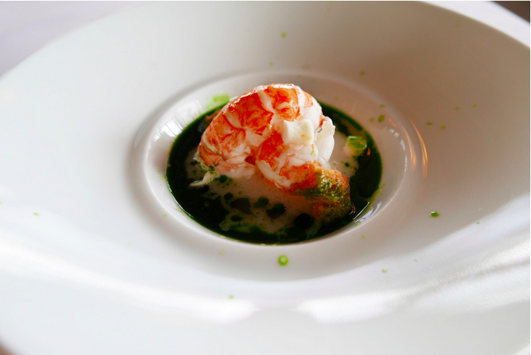 Langoustine with three different sauces (parsley, cherry tomatoes and strawberry) at Ledoyen in Paris, September
