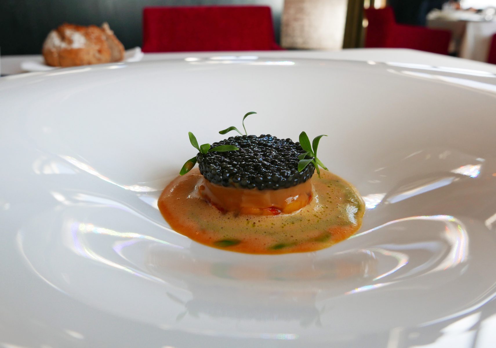 Caviar with mango chutney,sea urchins, chorizo