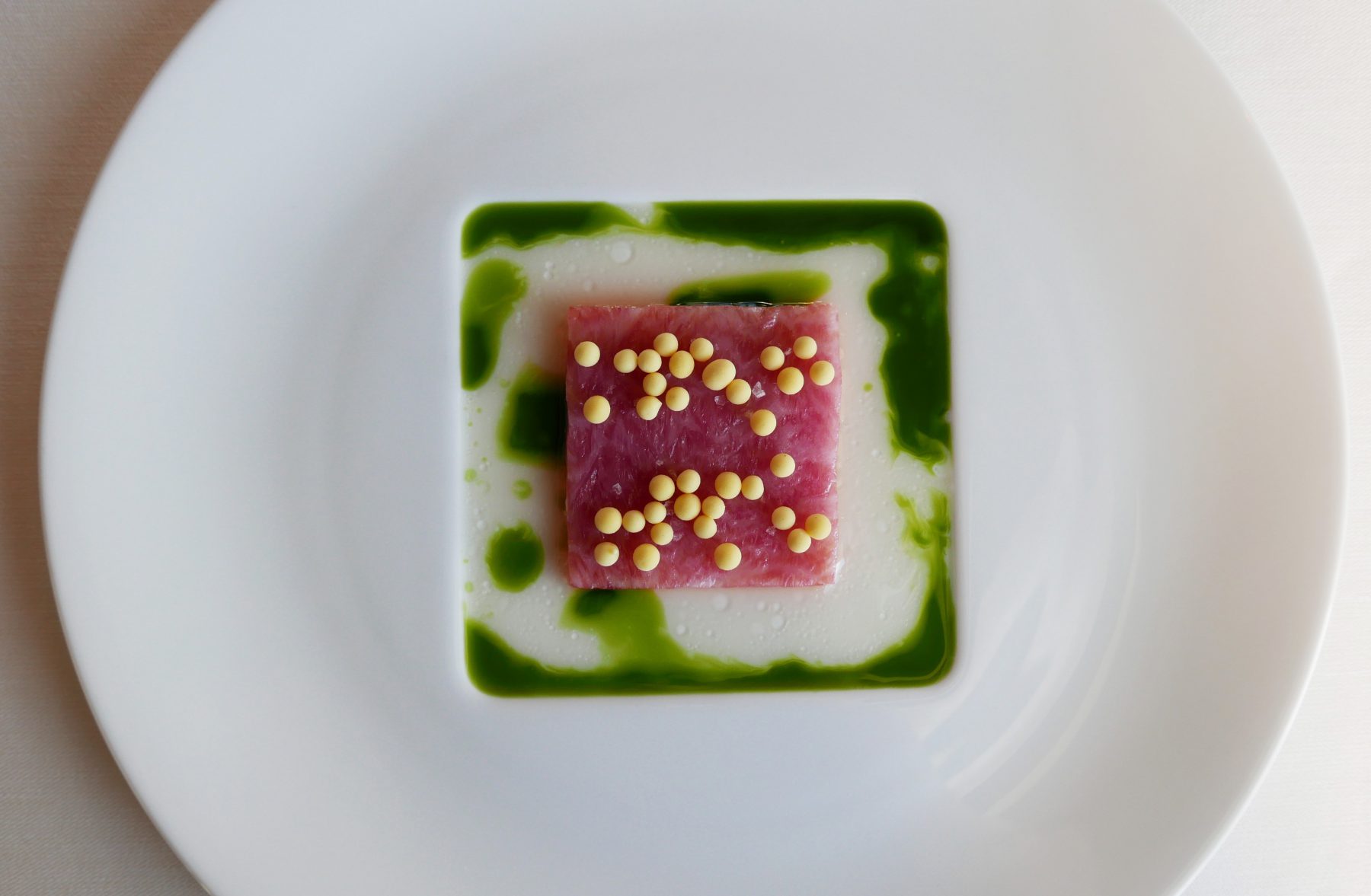 Fatty tuna from Spain with horseradish mustard pearls 