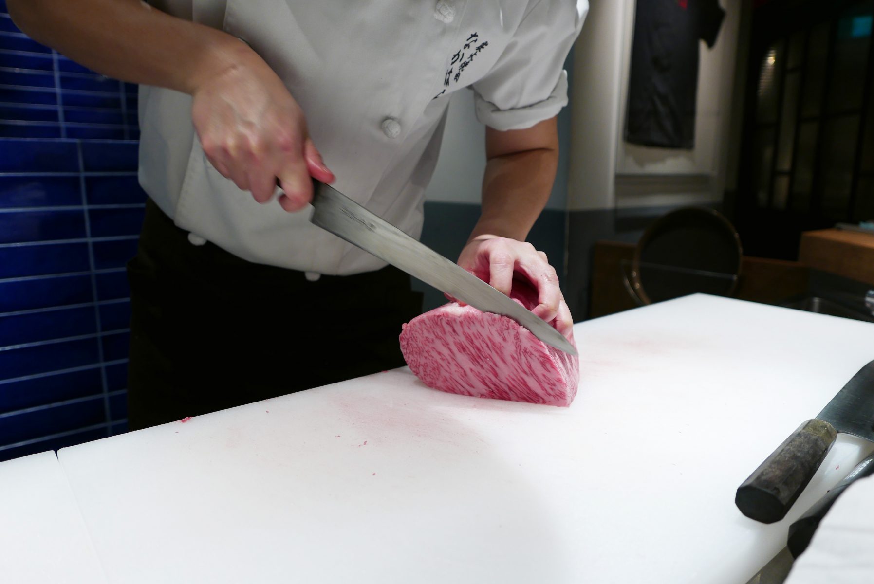 Slicing the wagyu