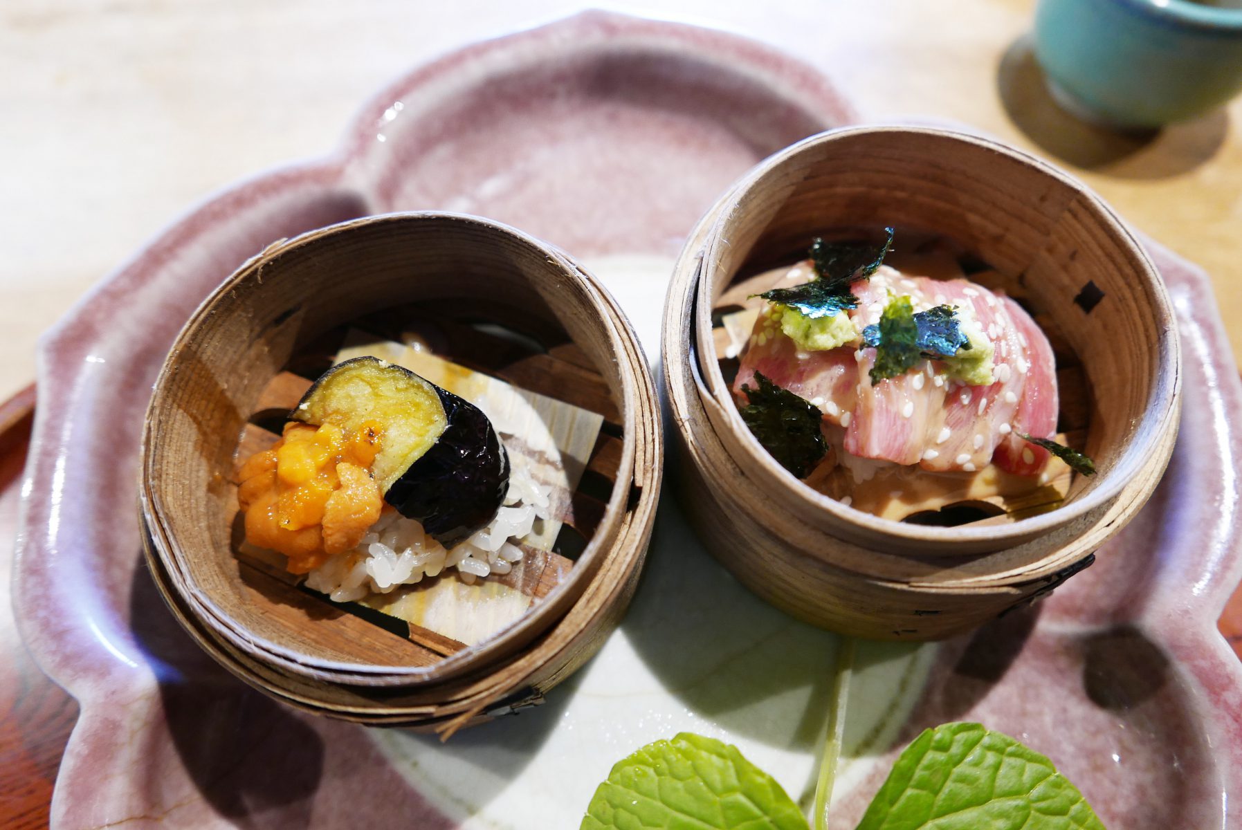 Eggplant tempura with sea urchin and otoro sashimi with sesame