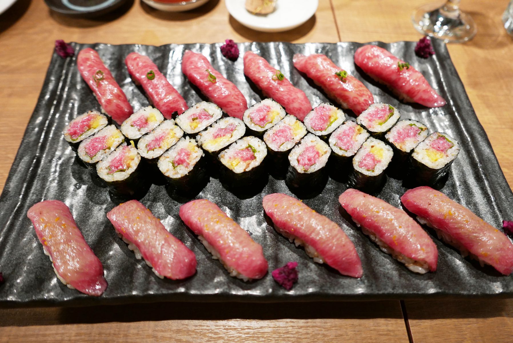 This is not otoro: raw beef sushi and rolls