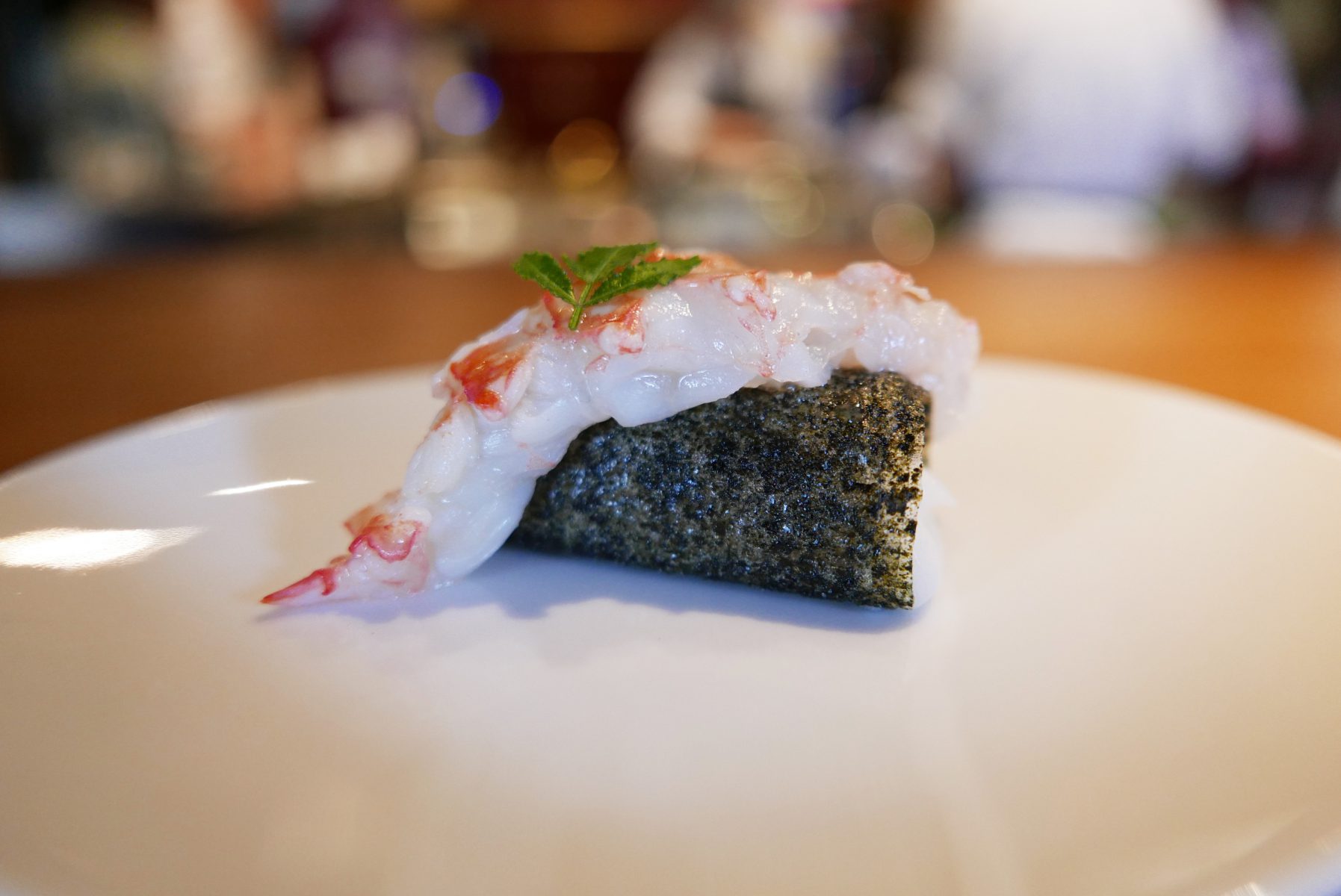 Inverted Scottish langoustine sushi with homemade nori filled up with mustard flavoured cream. The barely cooked langoustine was the sweetest, most delicate thing..