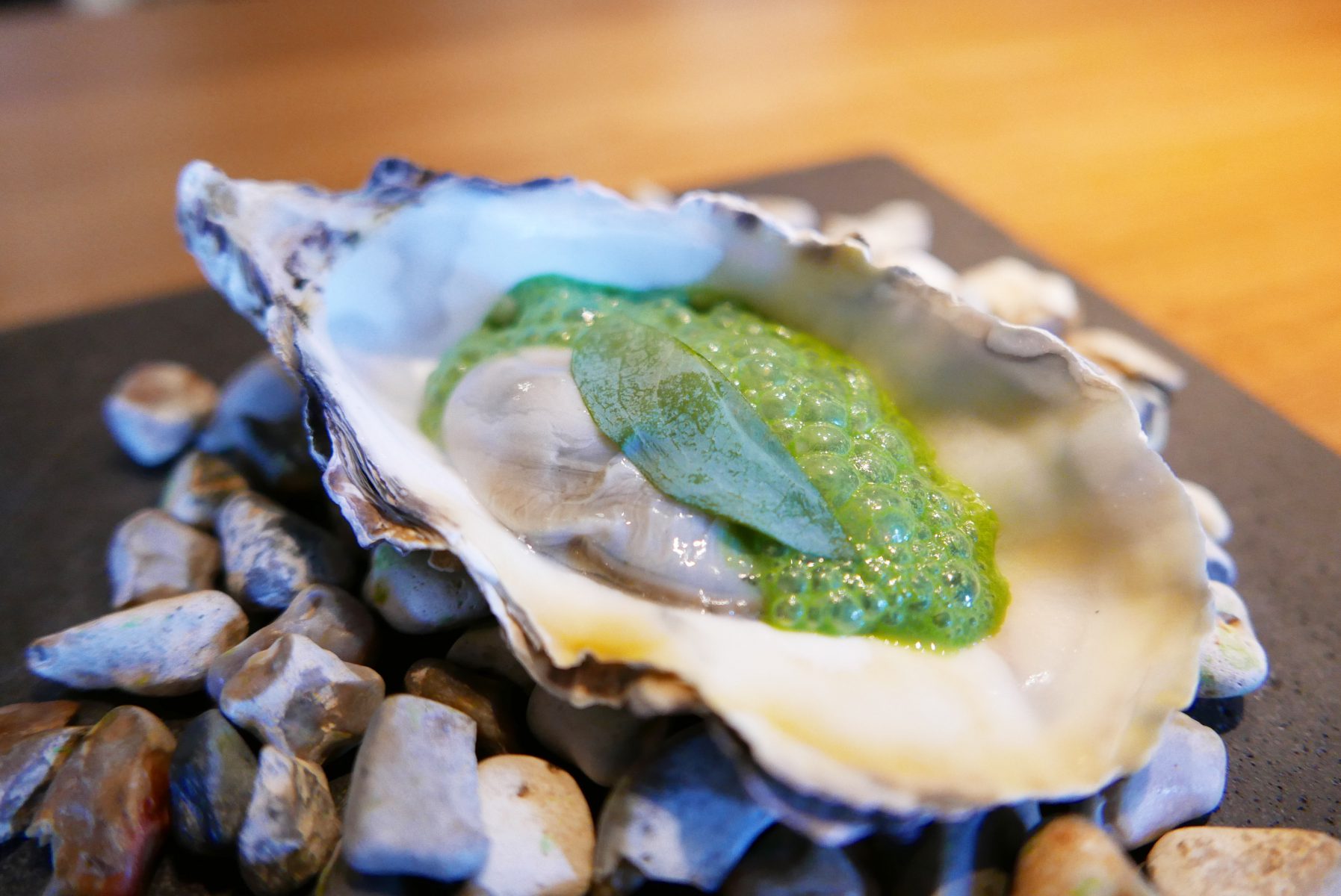 Oyster from Dorset,sorrel cream,sorrel and strawberry ice cream