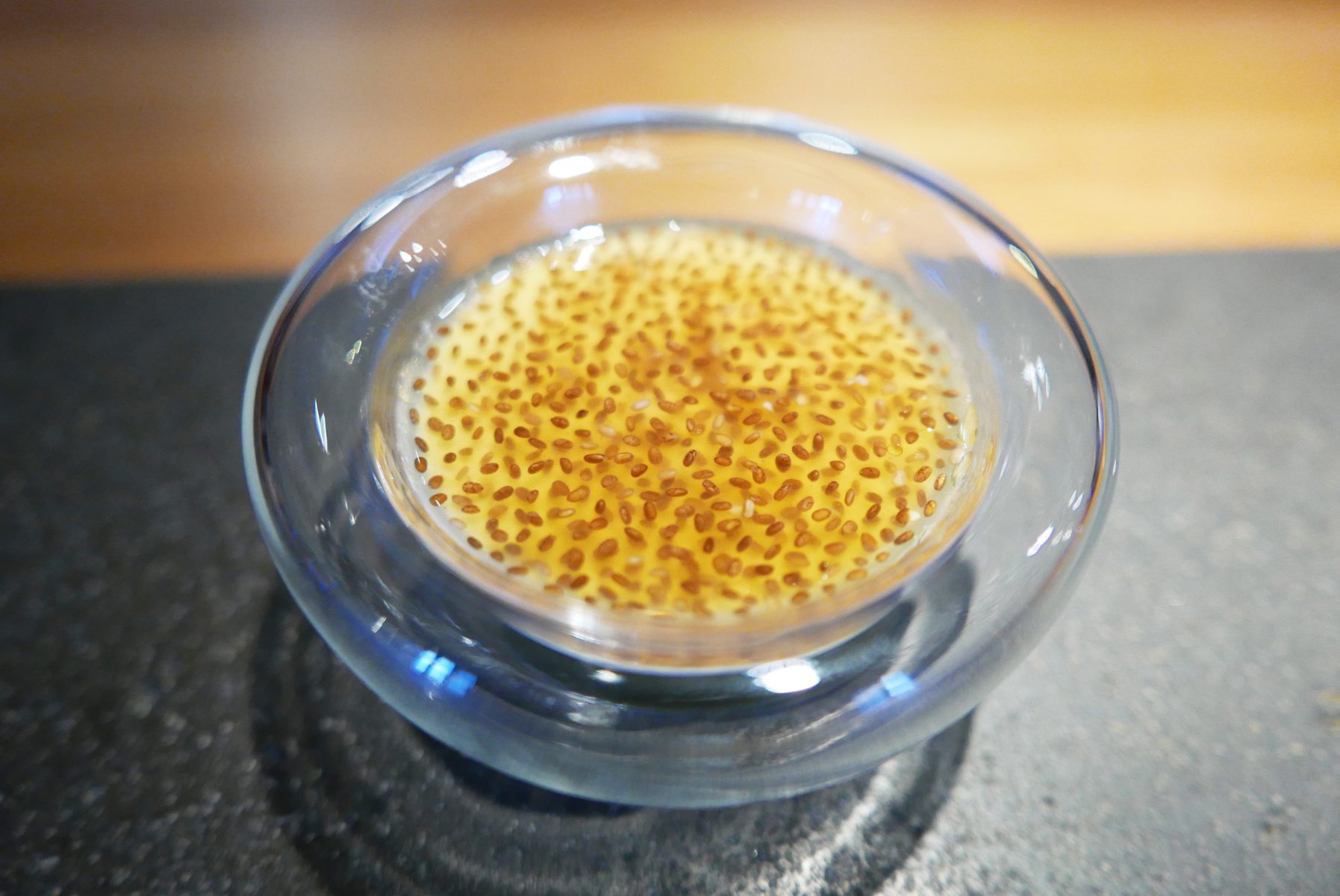 Delicious umami explosion-parmesan custard, umami jelly, chia seeds