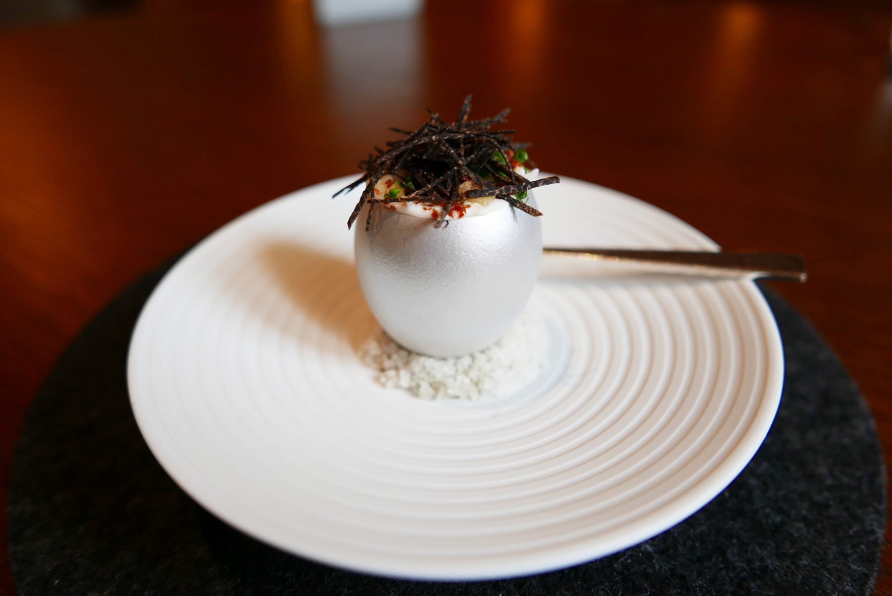 Quail egg yolk with truffle spinach&jabugo ham