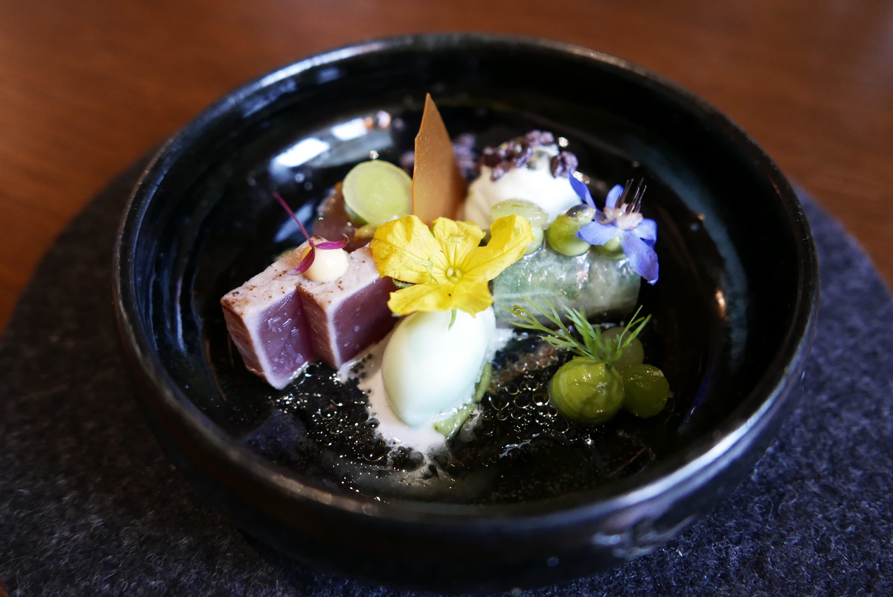 Yellow fin tuna with black rice vinegar & combava