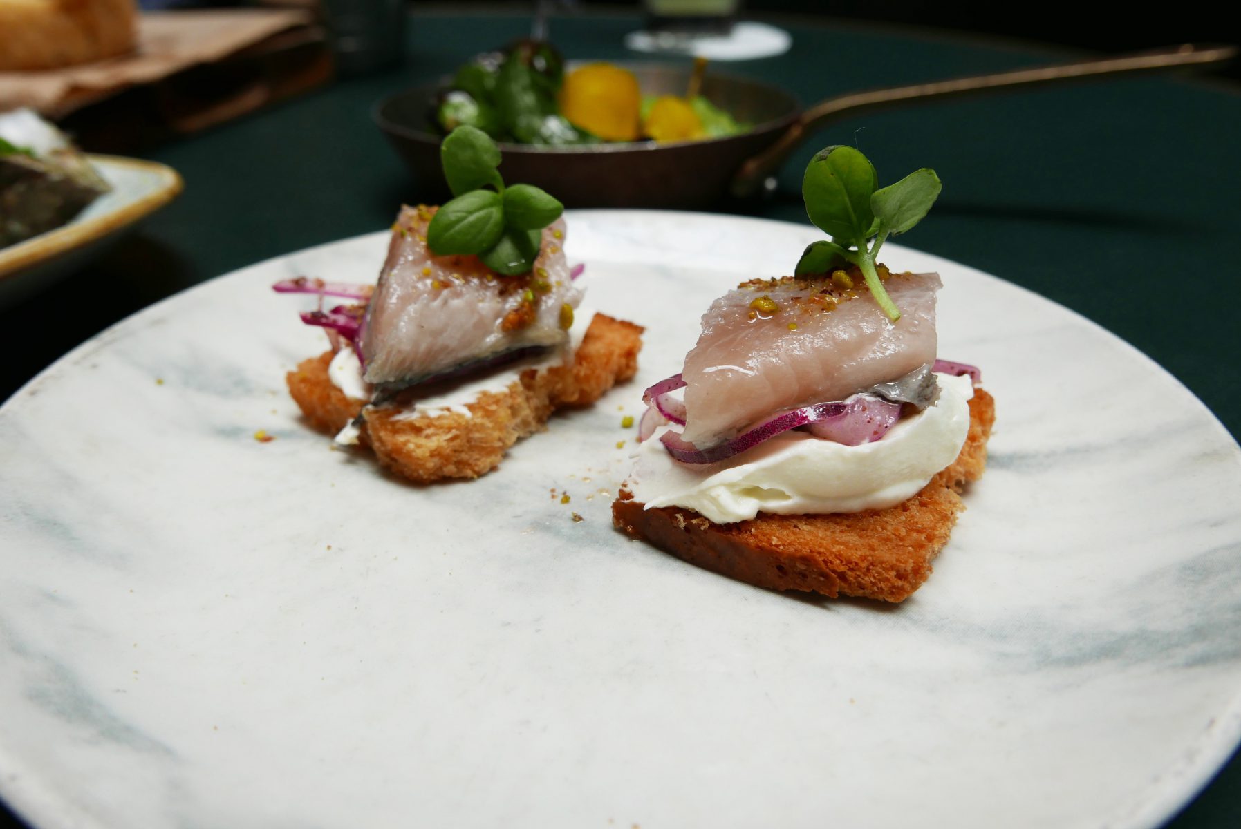 Papi's Cured Mackerel on toasted challah bruschetta (2 pieces)