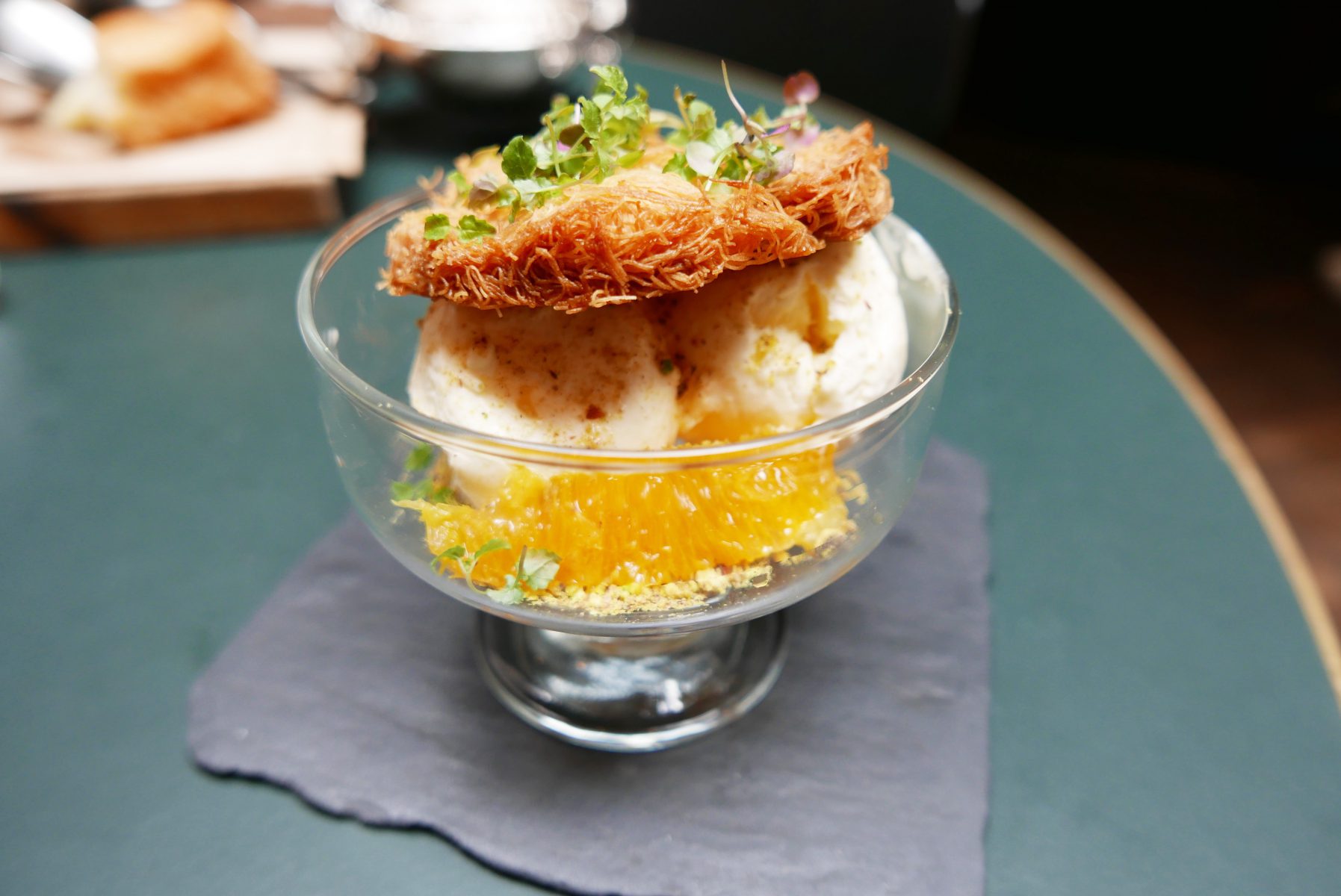 Orange Blossom Ice Cream with crispy kataifi, pulverised pistachio & fresh orange segments