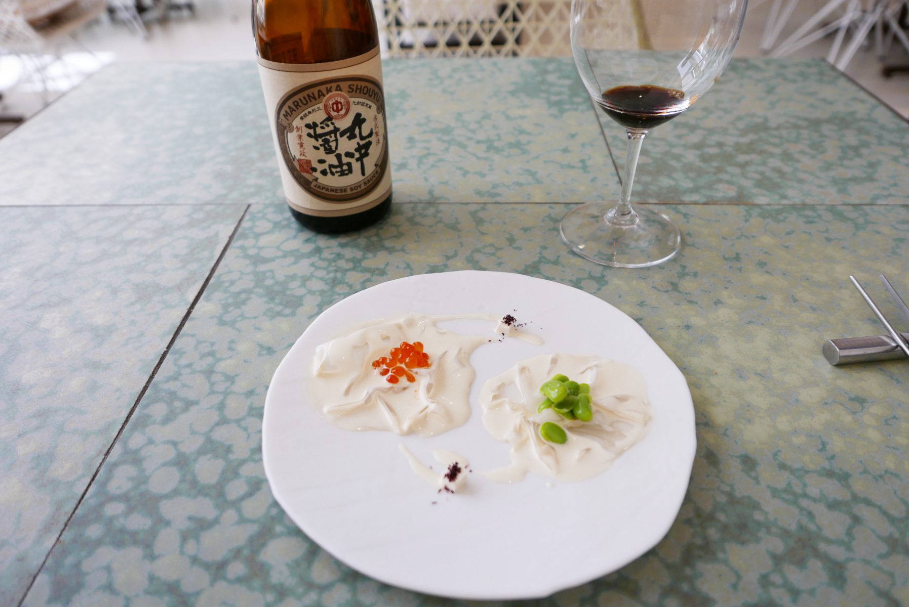 "Dashi yuba" with edamame, salmon roe and soy sauce "wine pairing"