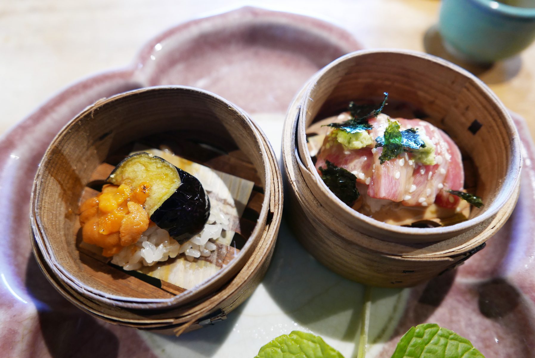 Eggplant tempura with sea urchin and otoro sashimi with sesame at Tempura Matsu, Kyoto.