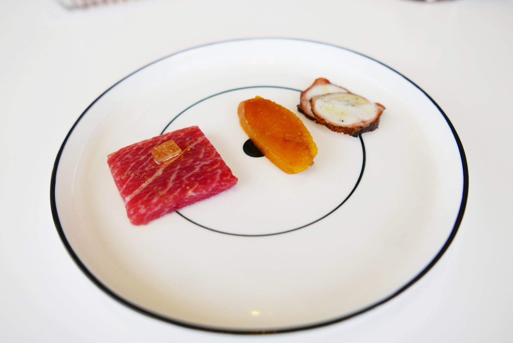 Dried octopus, mullet roe and local fatty tuna cured in sugared kombu at Quique Dacosta, Denia.