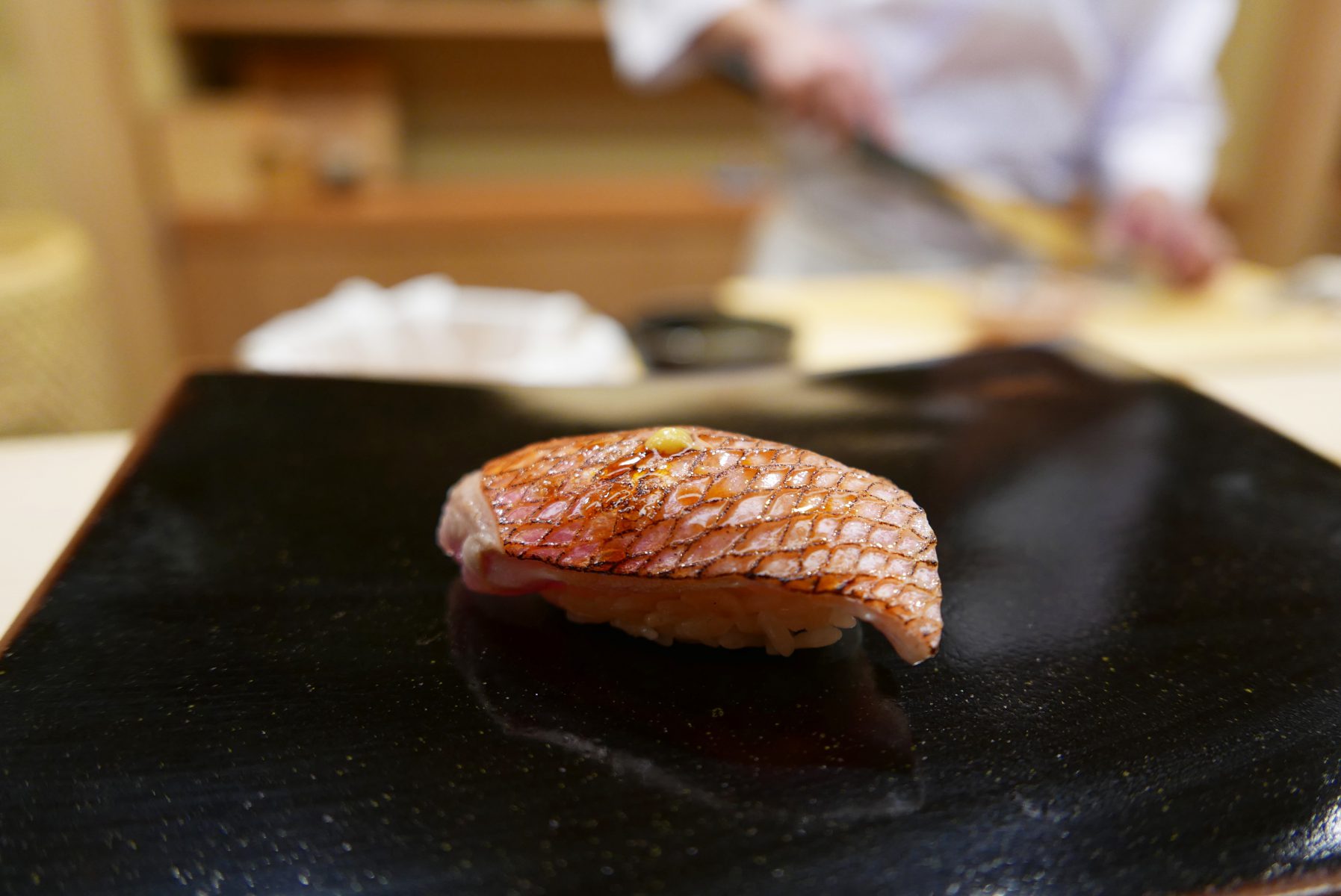 Slightly grilled and buttery kinmedai ( golden eye snapper) at Nihonbashikakigarachou Sugita, Tokyo.