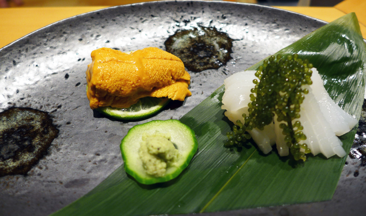 Squid sashimi with sea grapes and sea urchin at Sushi Tetsu