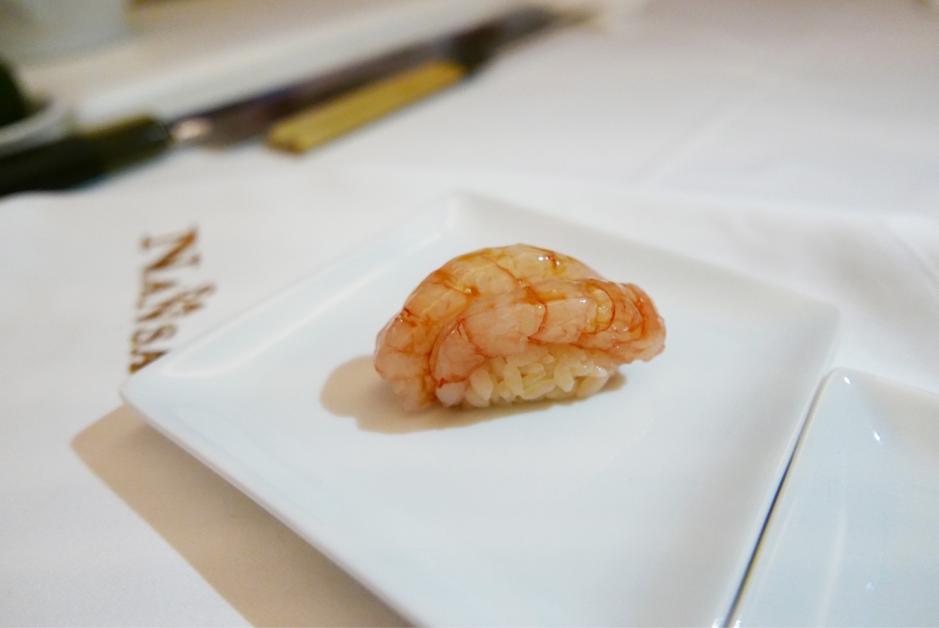 Takaaki Sugita nigiri with gamba roja from Ibiza, at "Japan meets Ibiza" dinner in Ibiza.