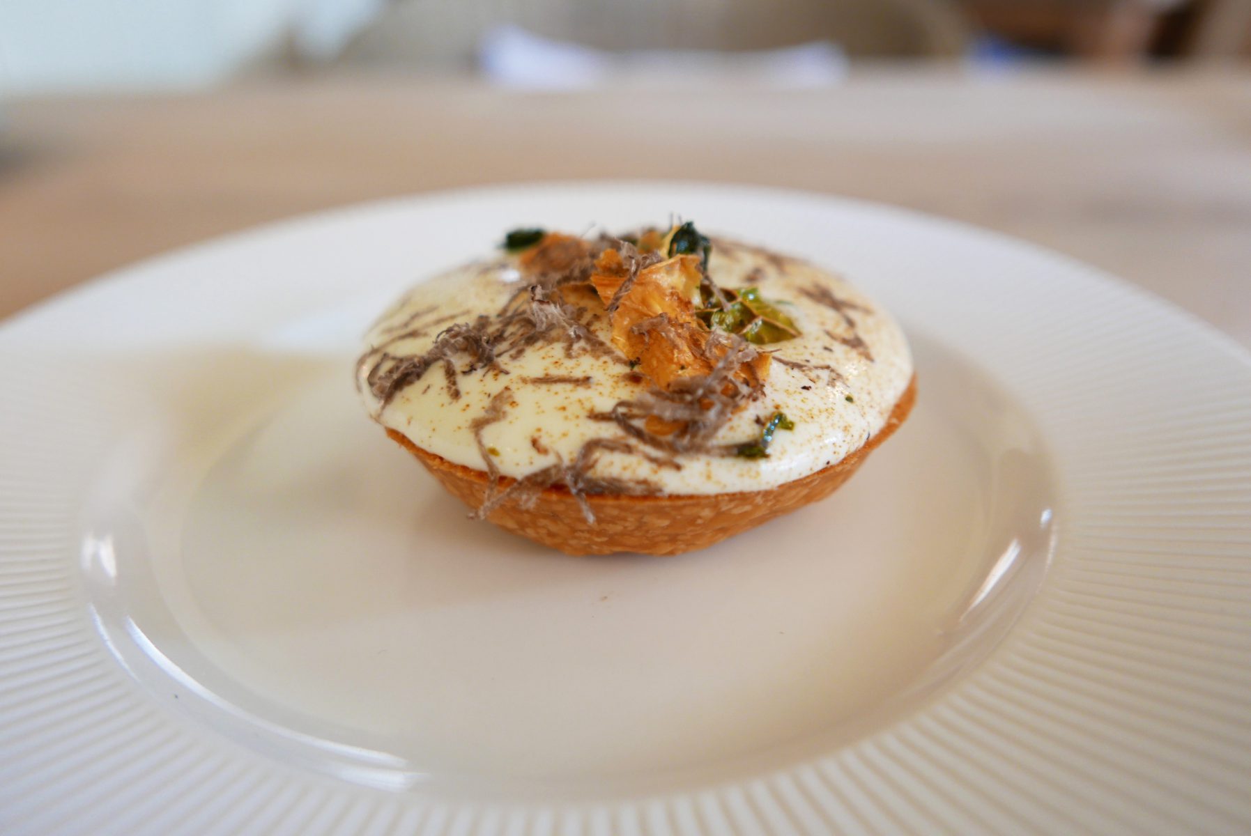 Mushroom and celeriac tartelette à la minute. With very thin and fine pastry and runny egg yolk inside at The Sportsman, Seasalter.