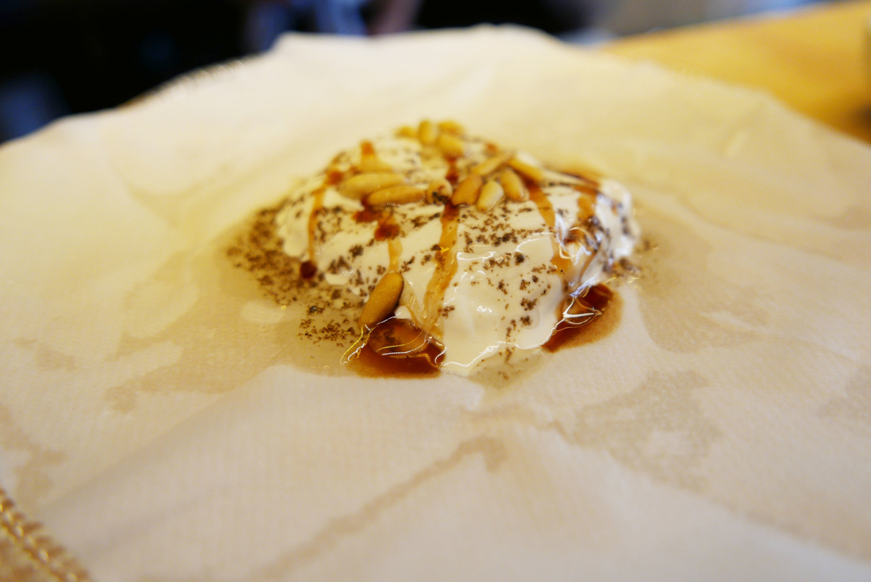 and almond "recuit de drap" with truffle, honey, fir tree and pine nuts.