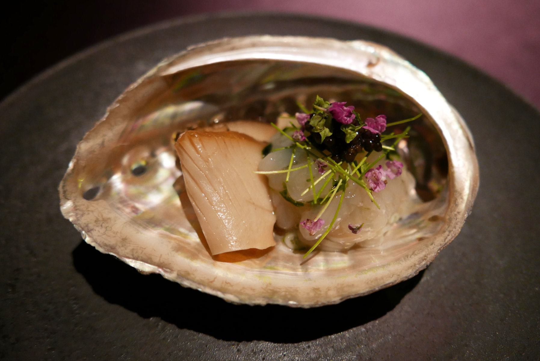 Cold noodles topped with white shrimp,caviar,abalone and abalone liver sauce