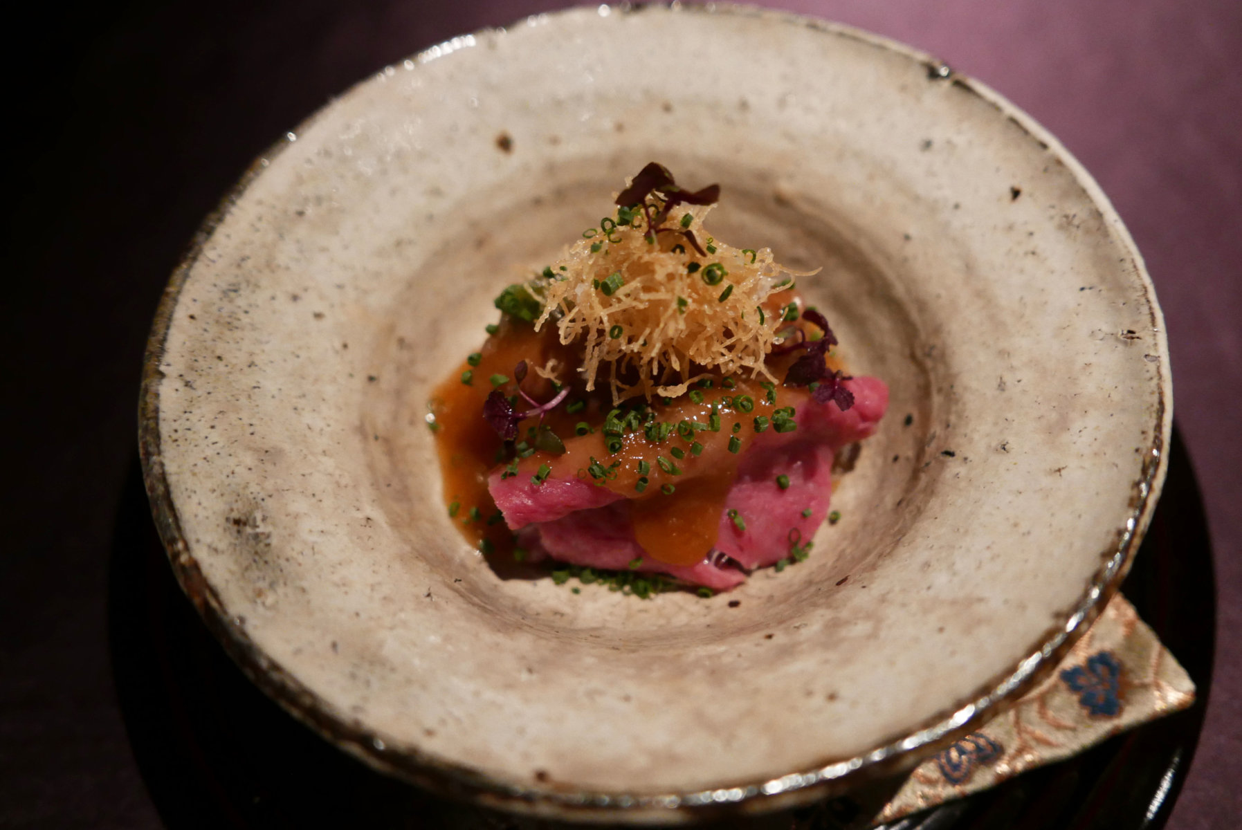 Wagyu beef shabu shabu,lotus root cake and onion ponzu sauce