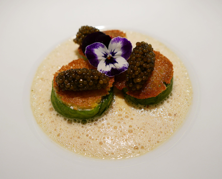 Scallops with parsnip cream, toasted bread emulsion and caviar by Pacaud