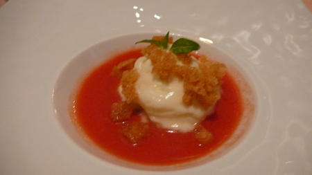 Gaspacho and scallop with greens