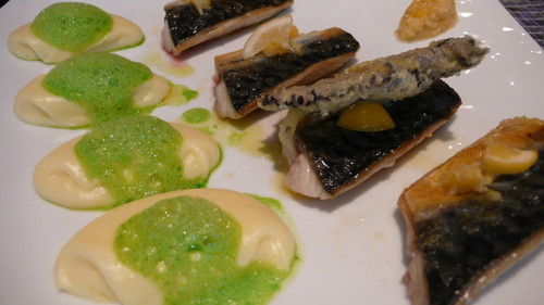 Grilled mackerel, green mango condiment, potato and watercress