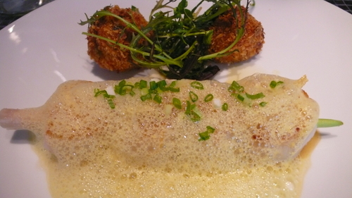 Grilled scallops with lemongrass, confit limequat, sweet potato croquette, coriander