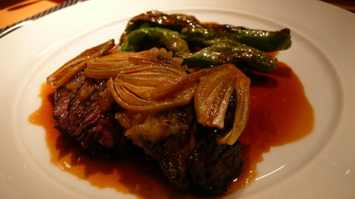 Roasted Japanese hanger steak, sauteed shallots and shishito peppers