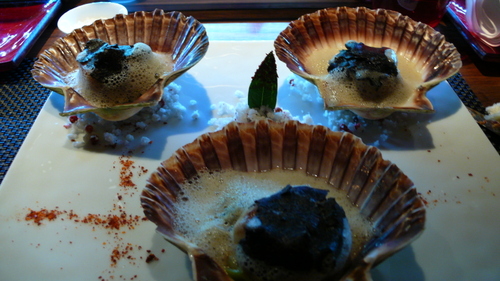 Scallops cooked in the shell with black truffle and fondant leeks