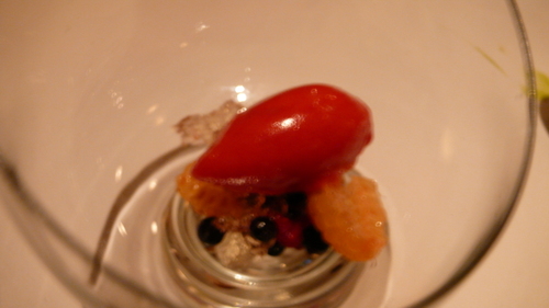 Red fruit salad with elderflower gelee, raspberry sorbet