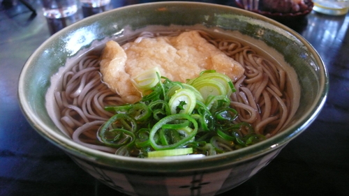 Kitsune-soba. Hot buckwheat noodles, soy sauce based soup with a deep fried-bean curd