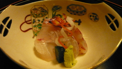 Yellow jack sashimi, grated wasabi, tosa soy sauce. Shrimp, grated wasabi, tosa soy sauce