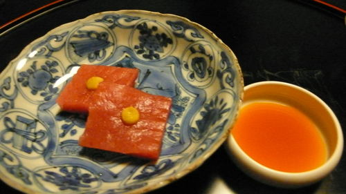 Tuna (toro), egg yolk soy sauce, dissolved Japanese mustard