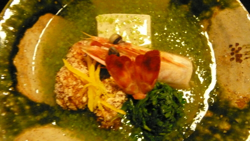 seaweed (very jelly-like) soup with shrimp tempura and tofu