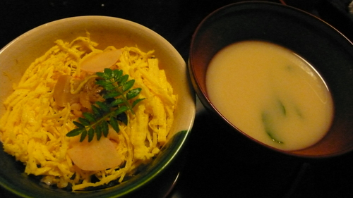 Rice with tiny fried anchovies and boiled egg yolk