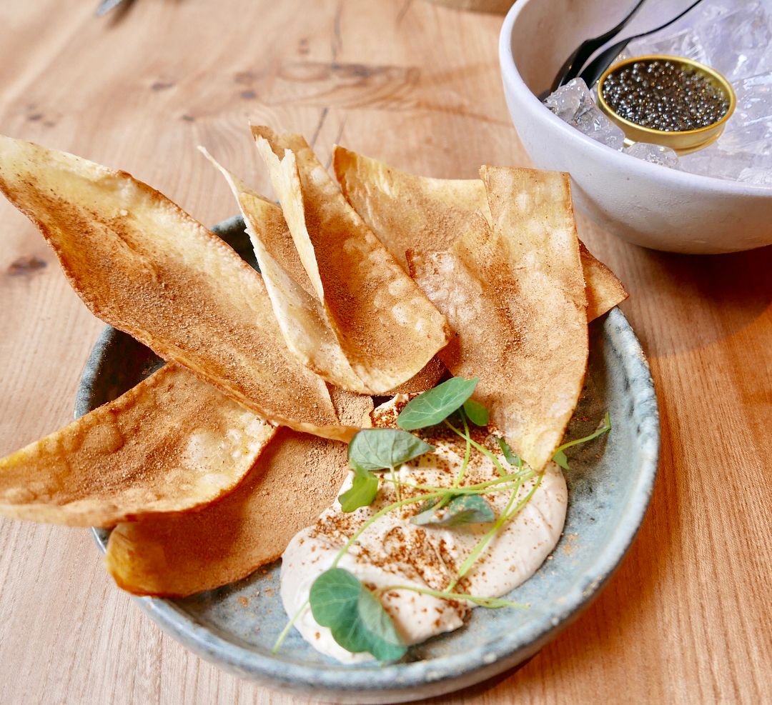 cassava sorghum tahini with caviar from North Devon