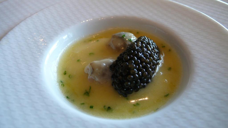 "Oysters and pearls","Sabayon" of Pearl Tapioca with Island Creek Oysters and Sterling White Sturgeon Caviar 