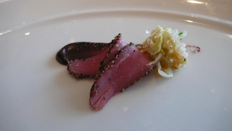 Duck Pastrami,per se Coleslaw and Violet Mustard