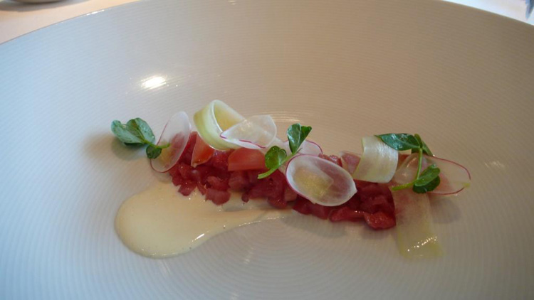 Tartare of Kindai Bluefin Tuna, Szechuan Pepper Lavash,Heirloom Radishes "Cuits et Crus",English Cucumber and Pea Tendrils with Yuzu Emulsion