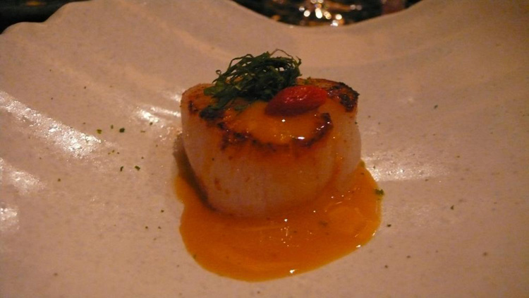 Scallop Abura Yaki. Lightly Seared Scallop Served with Cured Bonito Sauce.