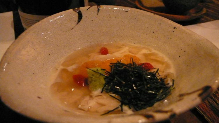 Yuba and Uni Yoshino style. Sea Urchin and Tofu Skin in Crystal Clear Sauce 